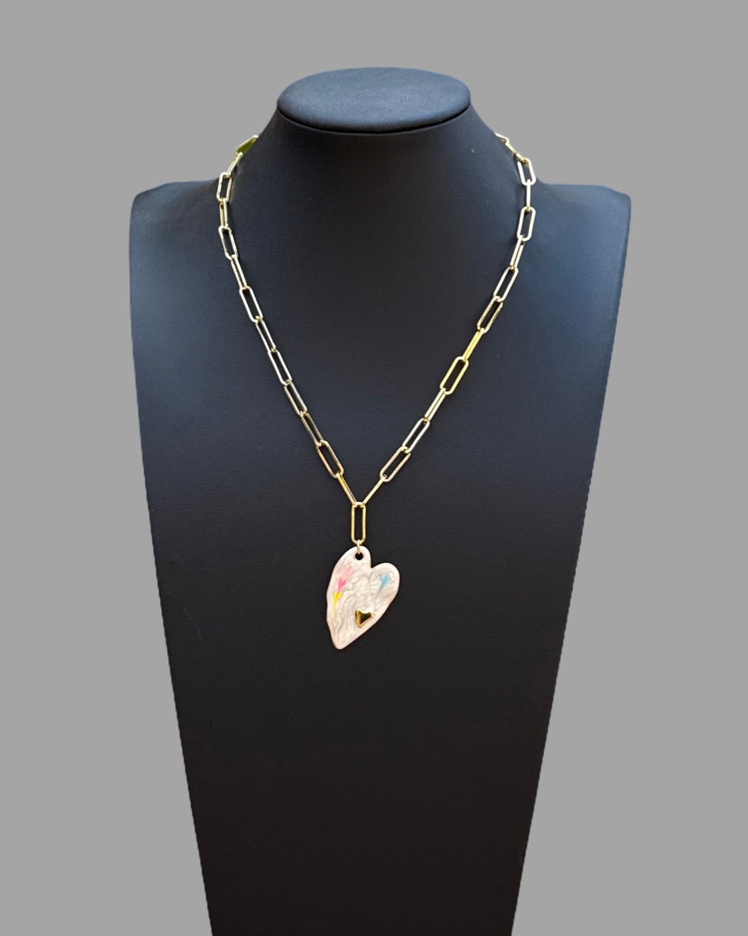 Necklace - Gold with white enamel heart