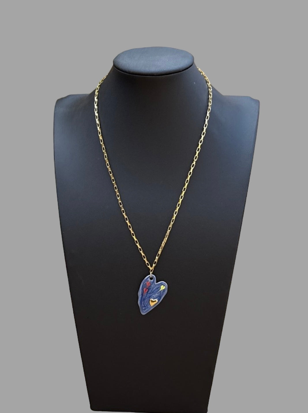 Necklace - Gold flat paperclip chain with a blue enamel heart pendant