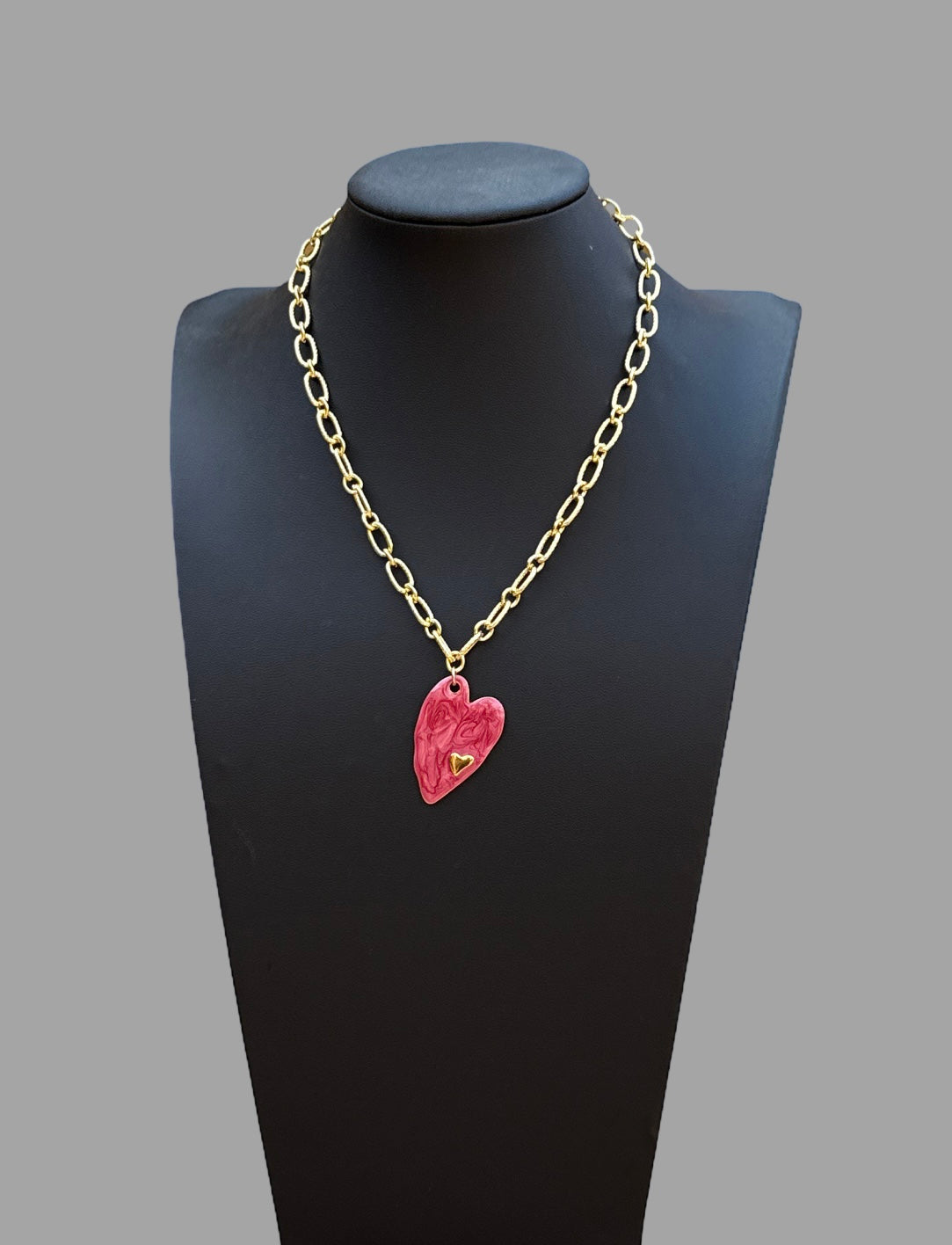 Necklace - Chunky oval and textured chain with red enamel heart