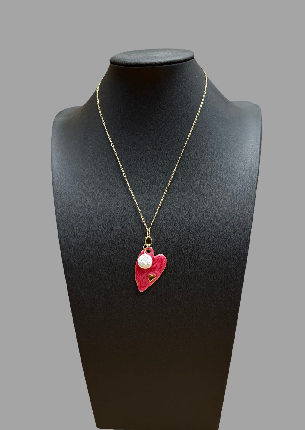 Necklace - Delicate Gold necklace with red enamel heart and a white coin pearl