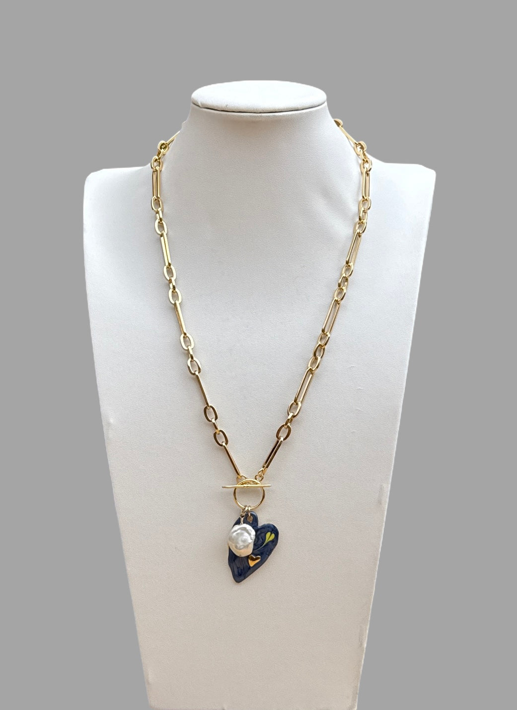 Necklace - Long Gold filled chunky chain with blue heart pendant and pearl