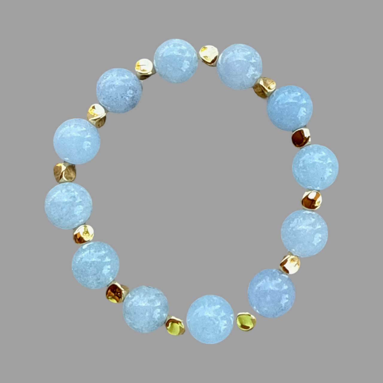 Bracelet - 10mm aquamarine stretch bracelet with gold filled spacers