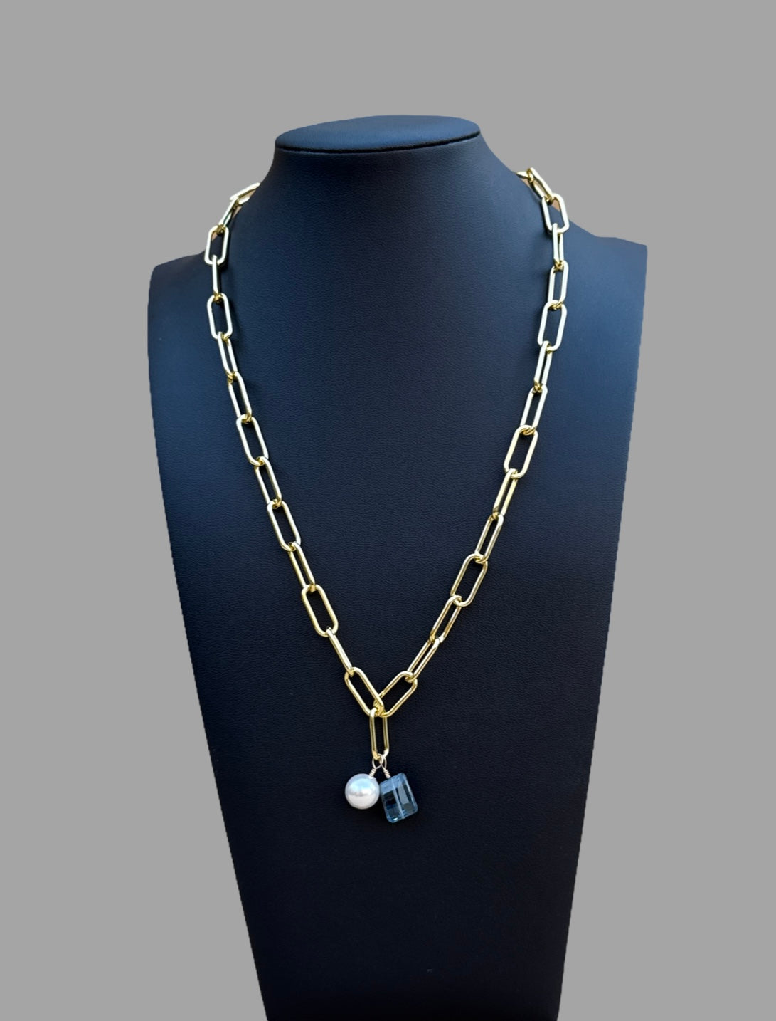 Necklace - Chunky gold filled paperclip necklace with blue topaz and white pearl