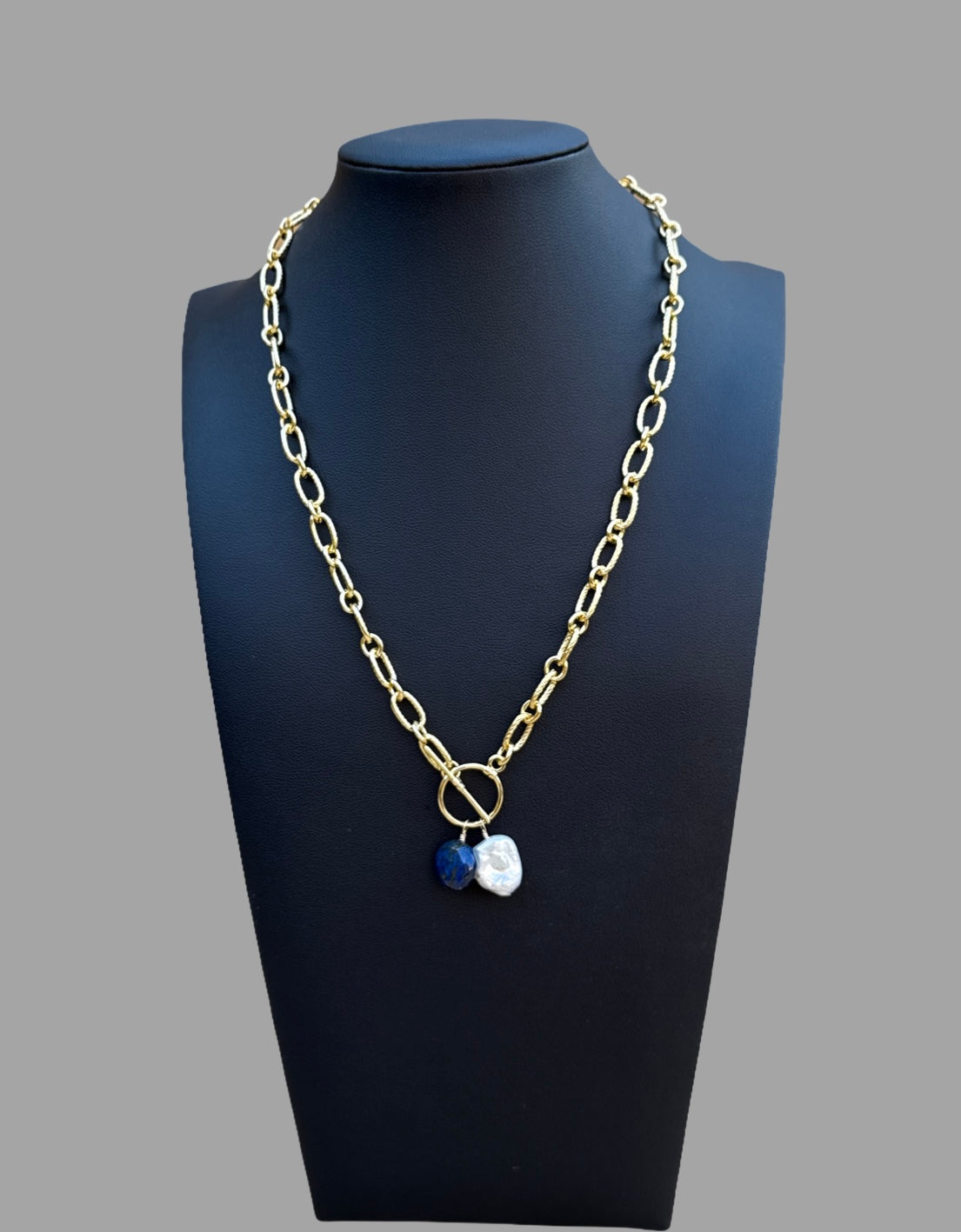 Necklace - Gold filled oval textured chain with White and blue charms