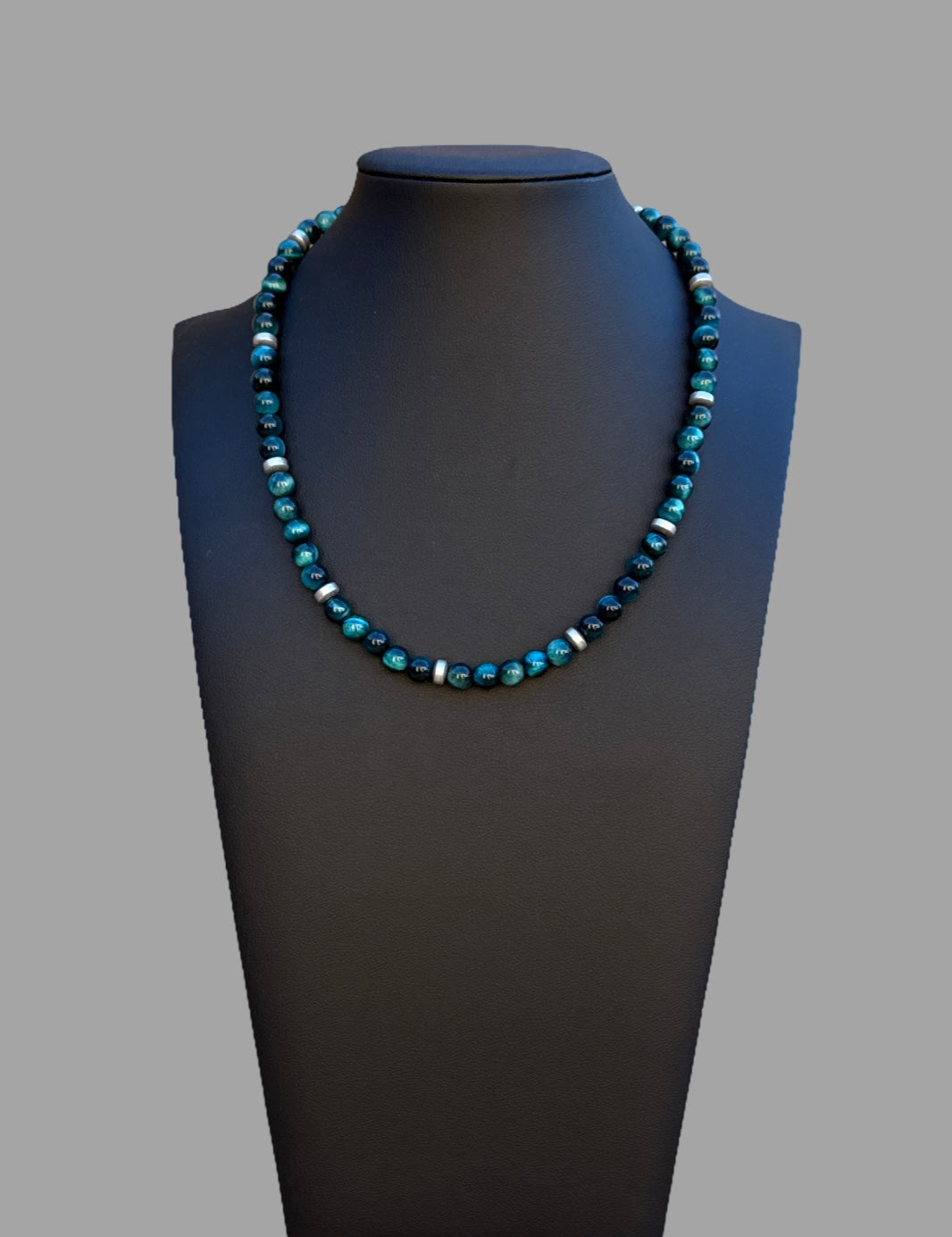Necklace - Teal tiger eye beads with matted silver hematite spacers