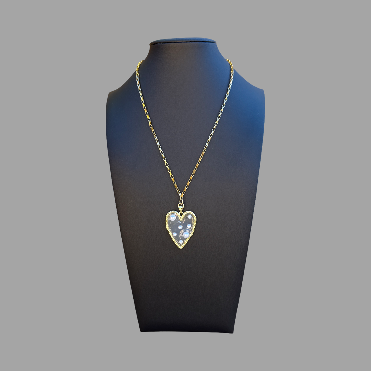 Necklace -  gold filled flat paperclip necklace with large heart with pearls