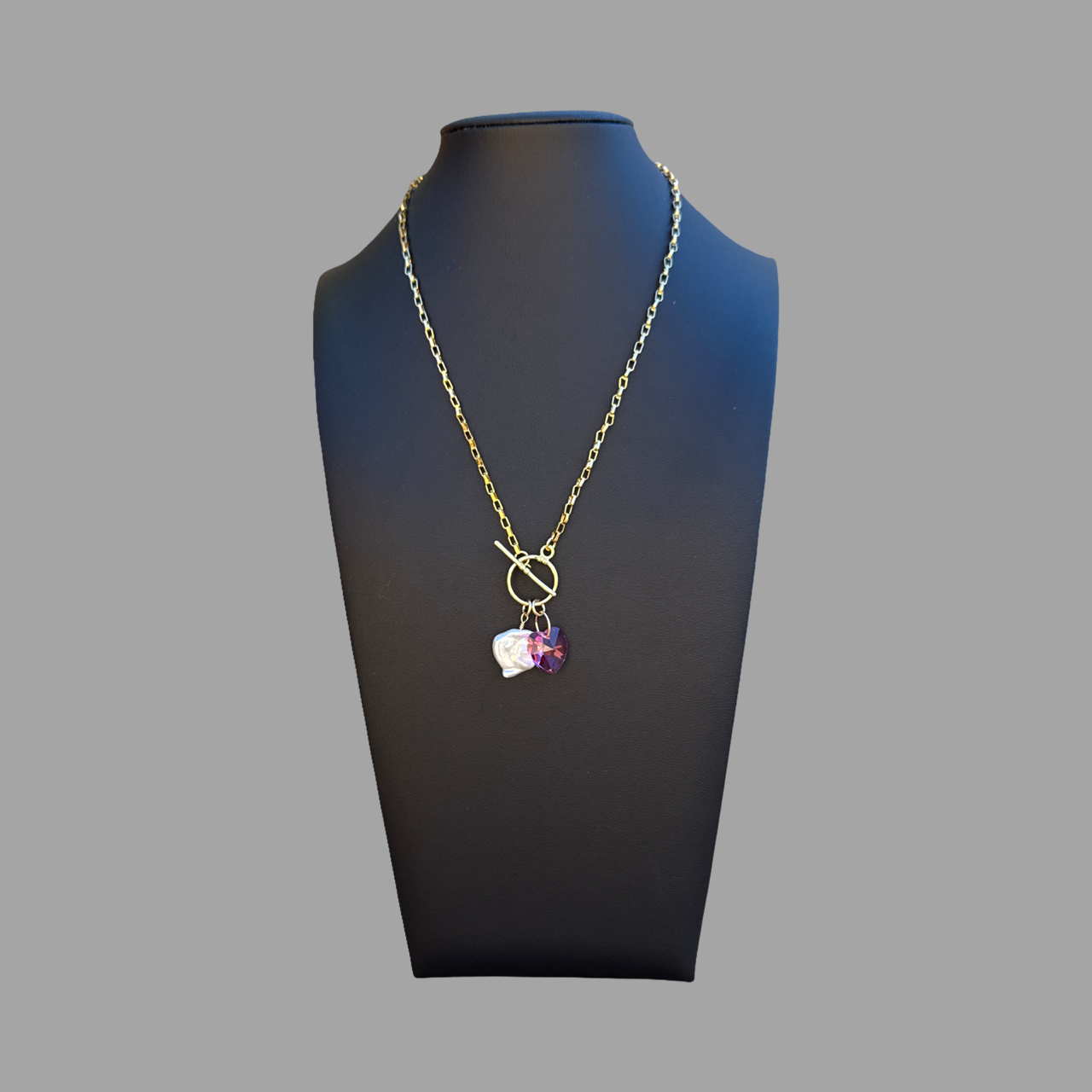 Necklace - Gold filled flat paperclip chain with white pearl and pink heart