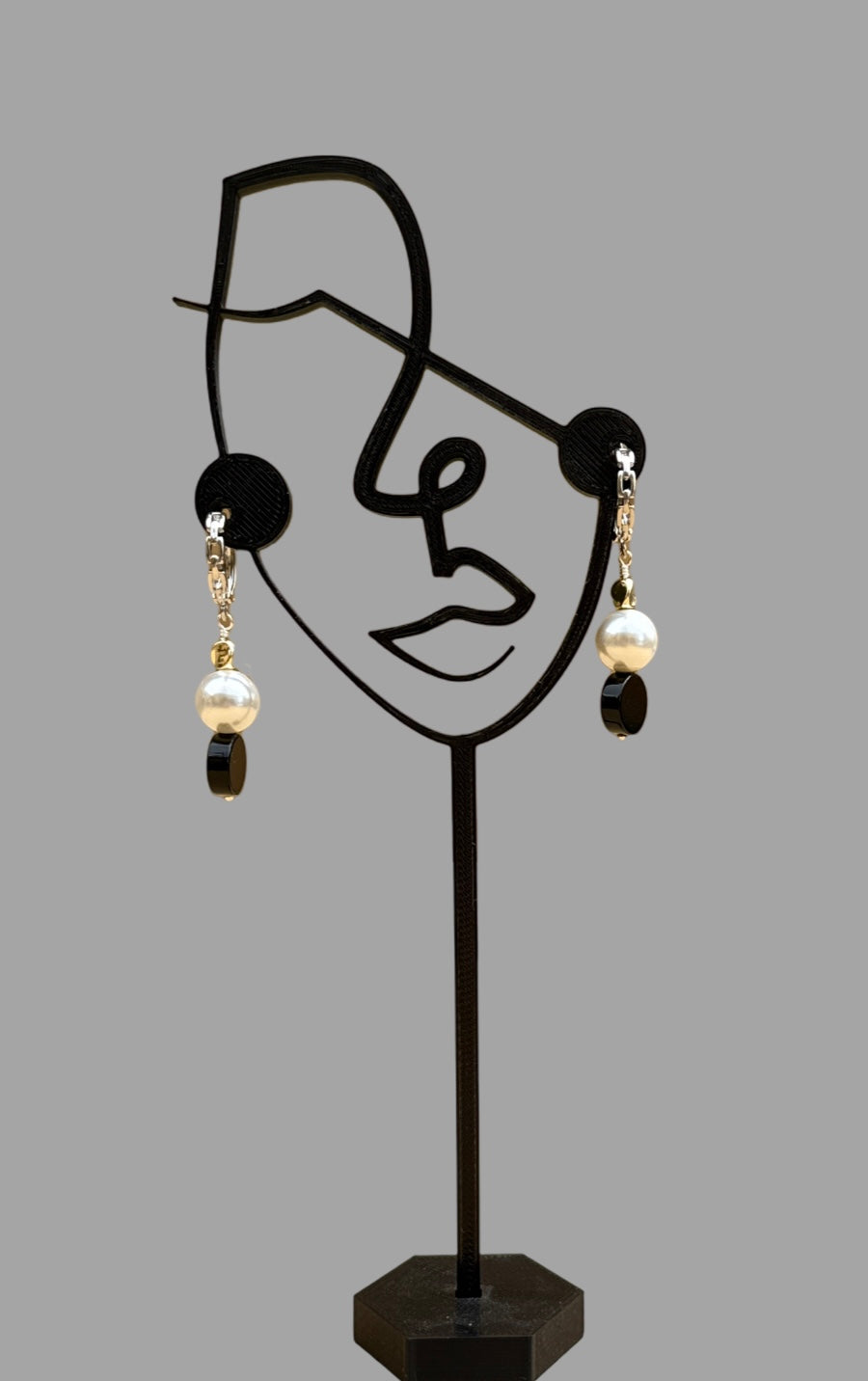 Earrings - Hanging pearl, gold and onyx on Sterling silver