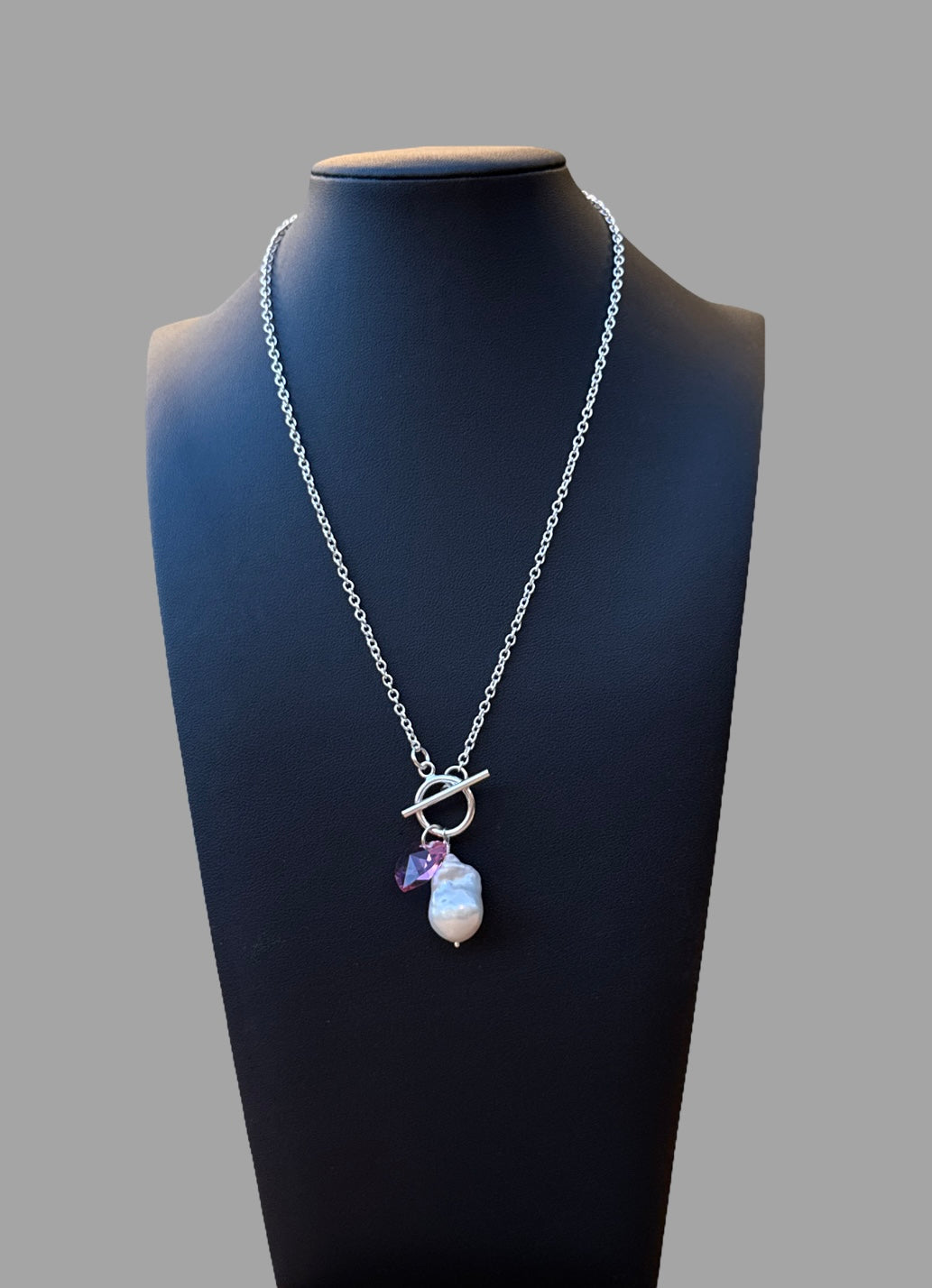 Necklace - Sterling silver necklace with white pearl and pink heart