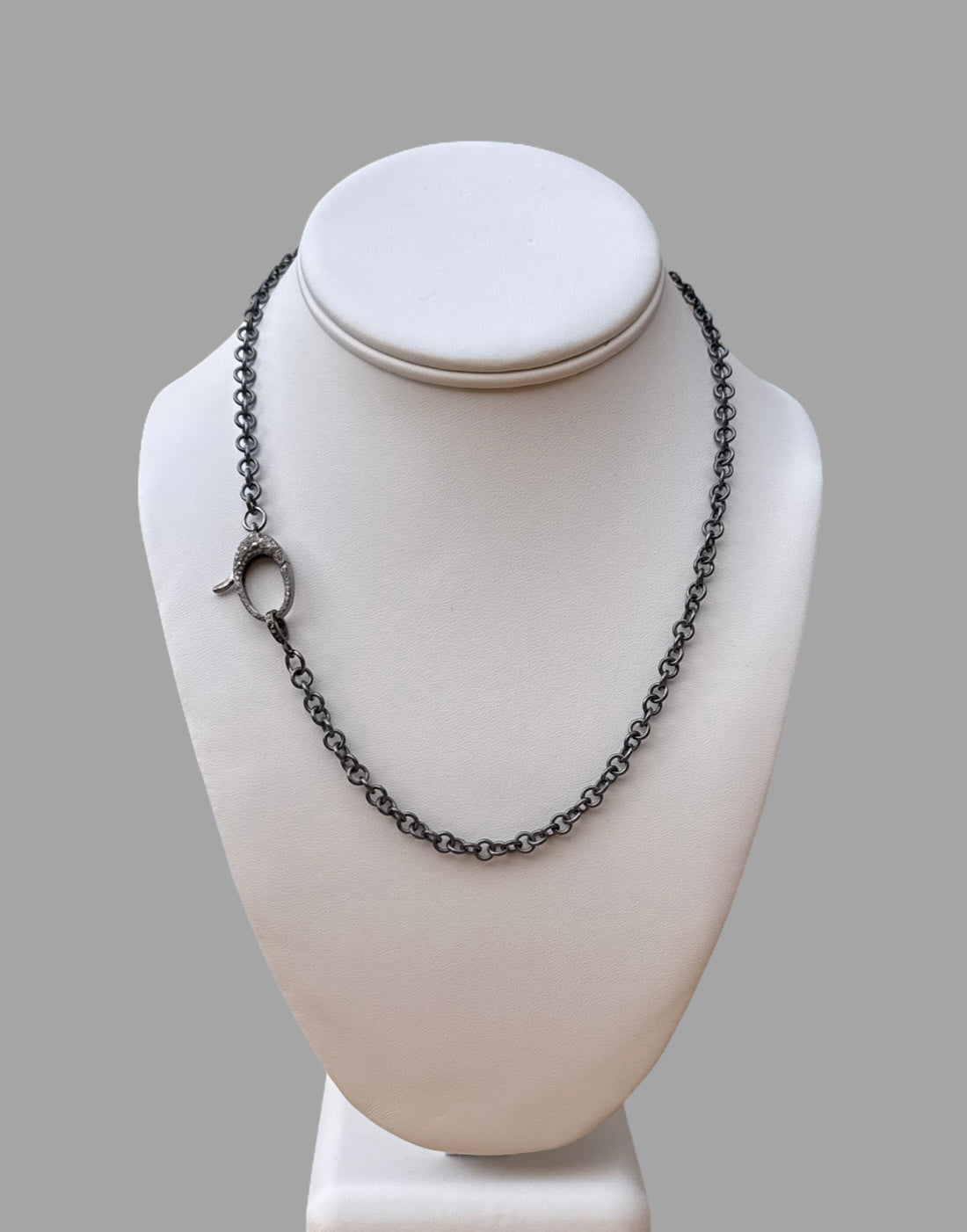 Necklace - Oxidized sterling silver rolo chain with large pave diamond clasp