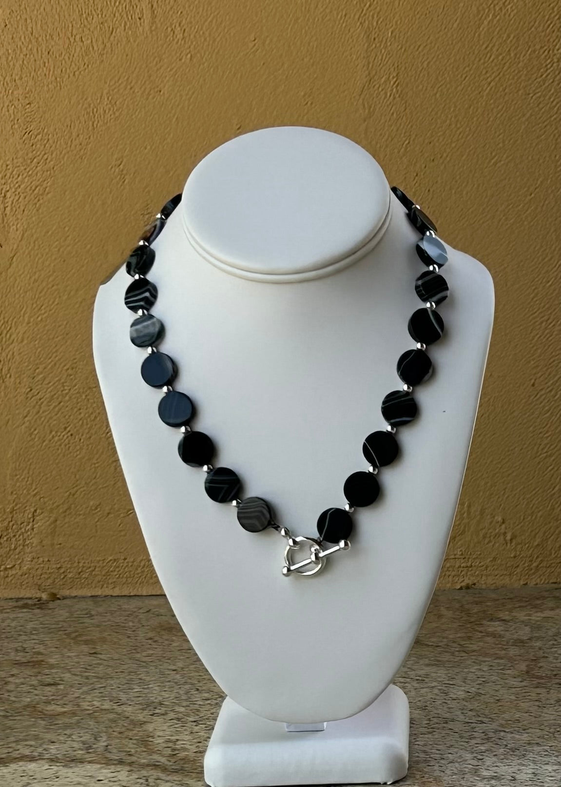 Necklace - round disk shape onyx, sterling silver beads and a chunky toggle