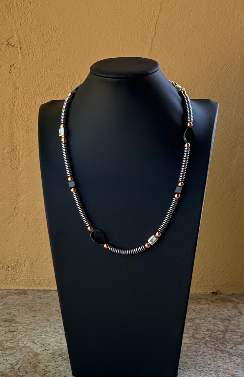 Necklace - Silver coated Hematite rondelles with copper, sterling silver and Czech glass