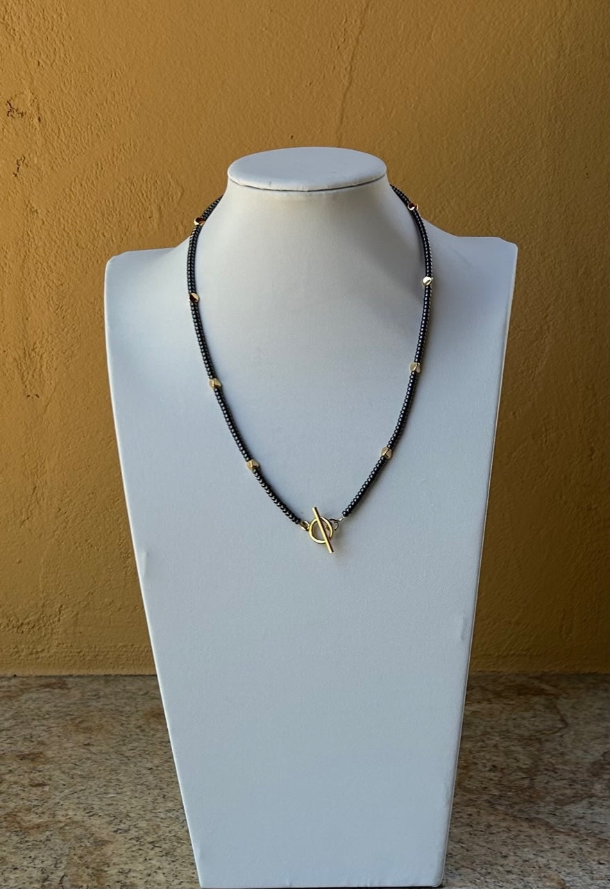 Necklace - Black hematite with 14K gold filled nuggets and round toggle