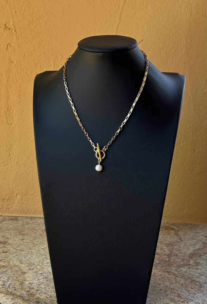 Necklace - 14K gold filled flat paperclip chain necklace with round toggle and pearl charm