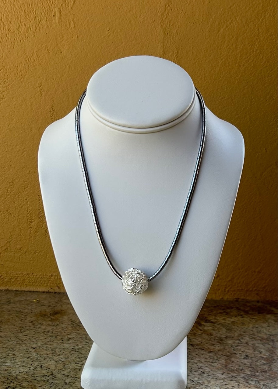 Necklace - Silver hematite with a large Lacey bead as the focal point