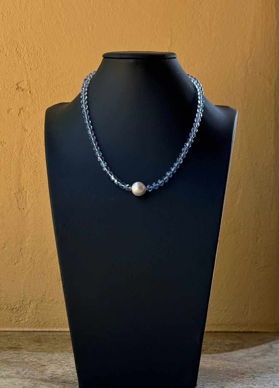 Necklace - Swarovski Crystal necklace with a large white fresh water pearl