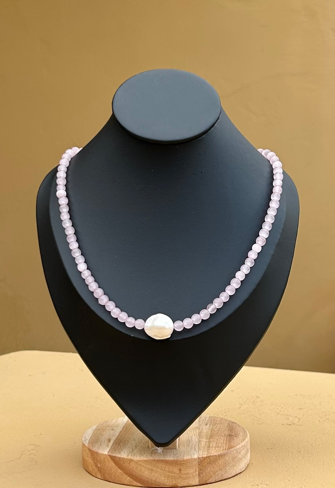 necklace - Pink cat's eye with a large (15mm) white baroque pearl and push clasp