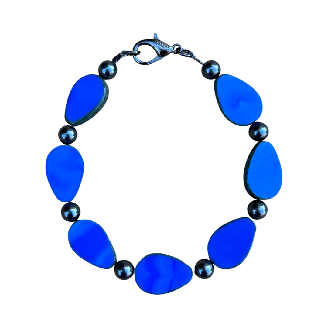 Bracelet - Royal blue Czech glass with black Swarovski pearls