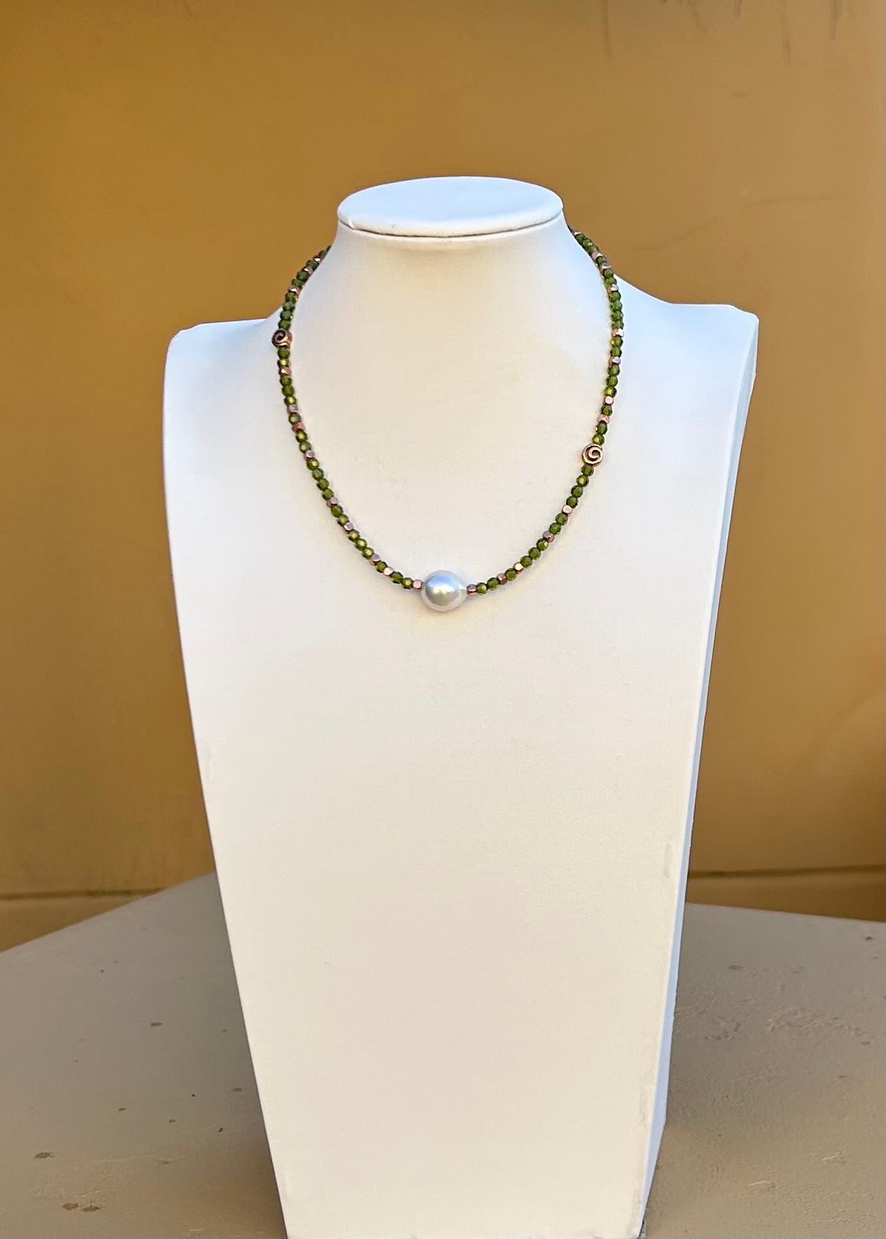 Necklace - Olive green Swarovski crystal necklace with copper