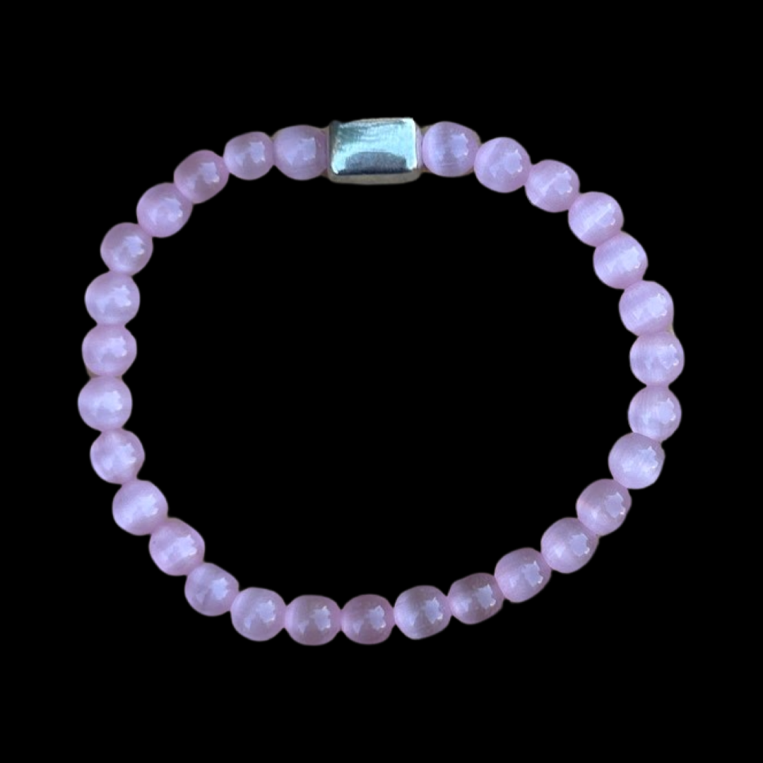 Bracelet - Stretch bracelet - Pink Cat's Eye beads with a sterling silver rectangular bead