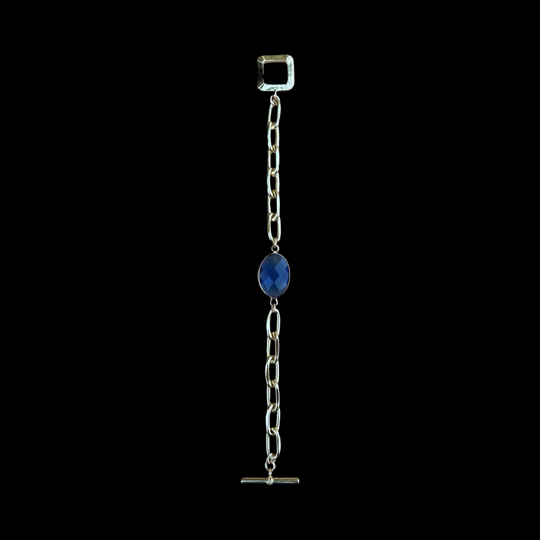 Bracelet - Sapphire blue quartz connector with a chunky gold filled paperclip chain and toggle