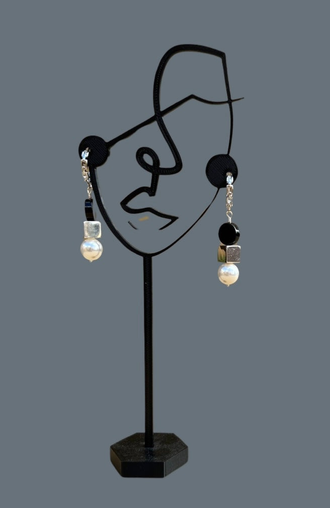 Earrings - Akoya pearl, sterling silver and black onyx hanging earrings