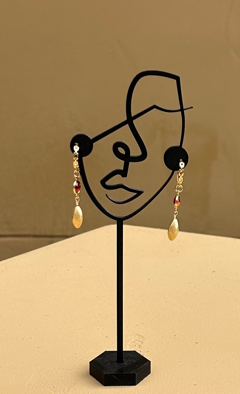 Earrings - Gold filled twisted beads with red garnets on paperclip earrings.