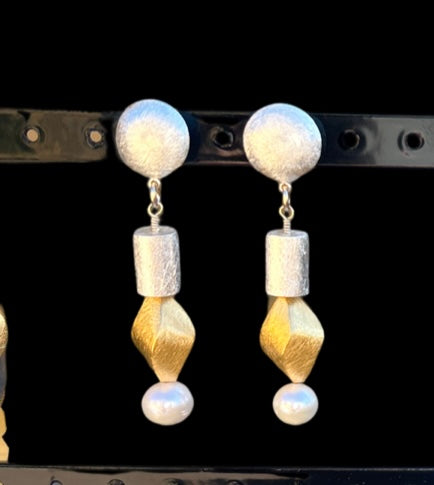 Earrings - Gold, Silver and white pearls hanging earrings