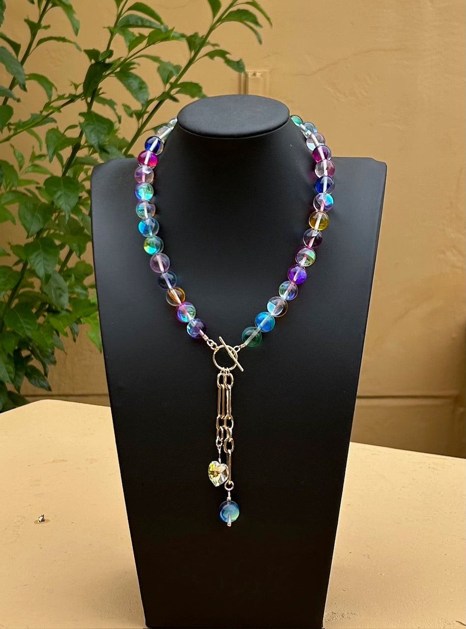 Necklace - Multi color chunky glass beads with gold filled chain and Swarovski crystal heart