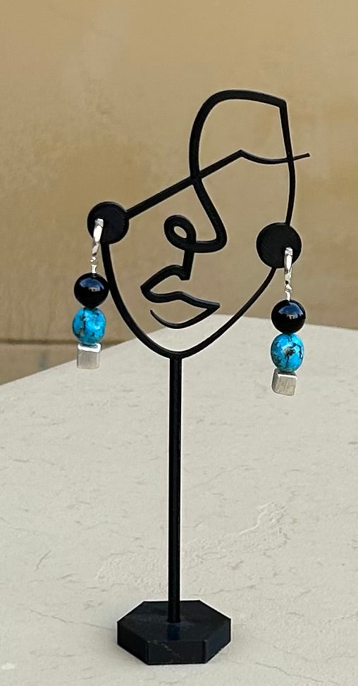 Earrings - Chunky black onyx, turquoise  and sterling silver cube hanging on sterling