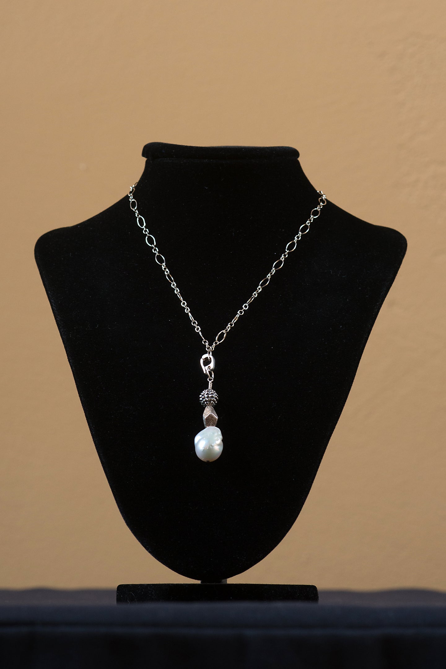 Necklace - Silver chain, Baroque Pearl & Sterling Silver Beads