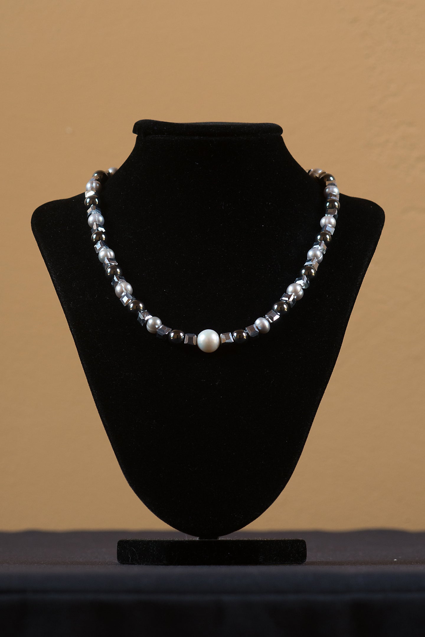 Necklace - White Pearl, Grey Pearls, Hematite, & Glass Mirrored Cubes