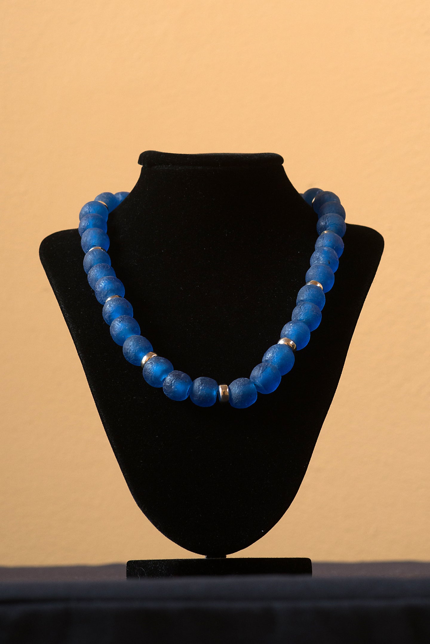 Necklace - Blue Recycled Glass, Sterling Silver Rondelles