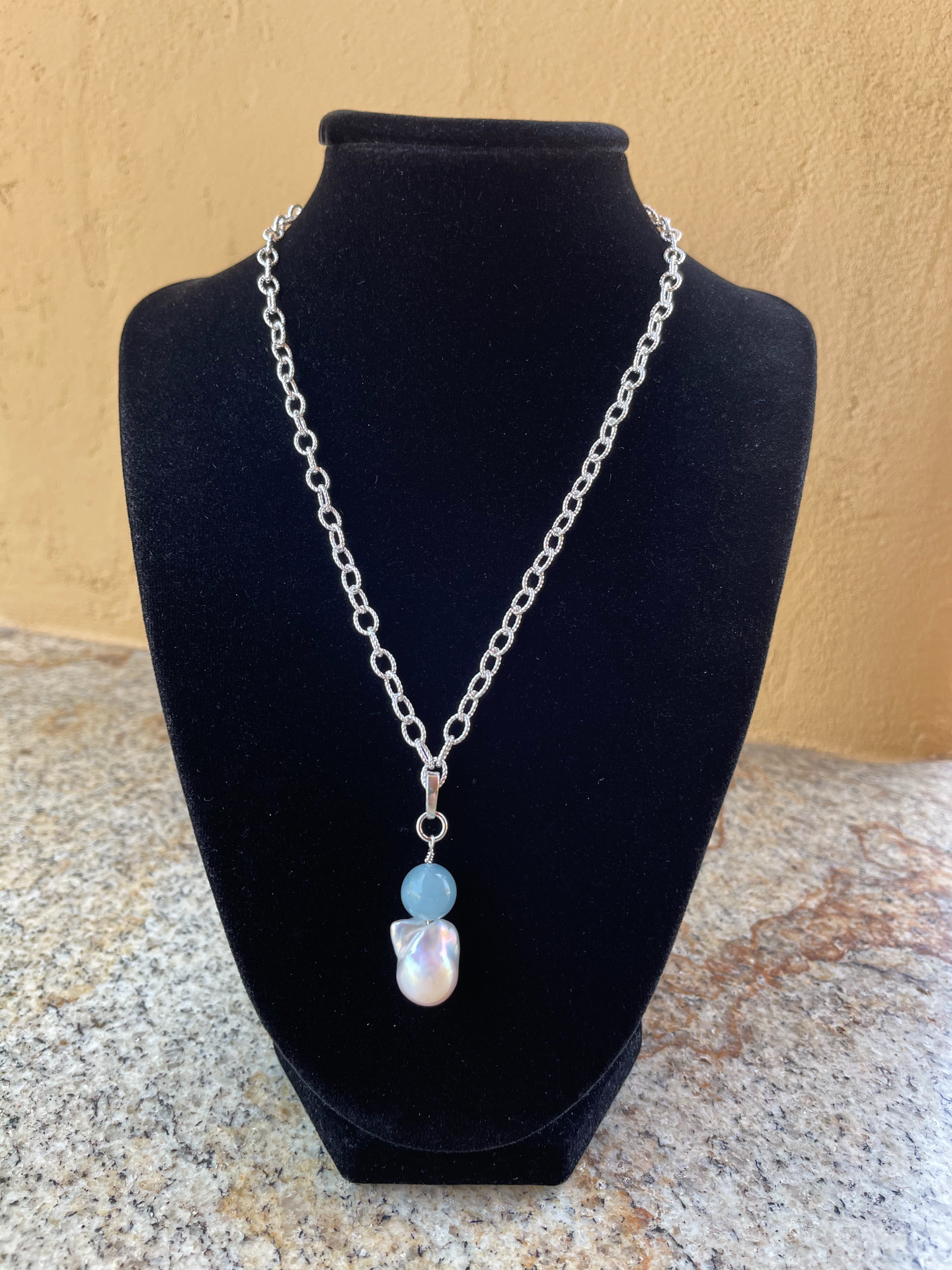Necklace - Sterling silver with pearl and aquamarine pendant