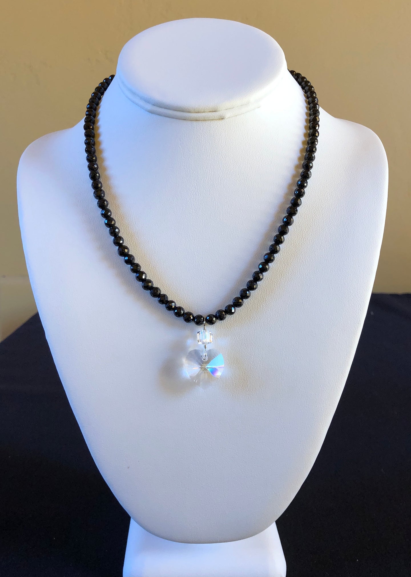Necklace - Black Spinel w/ Swarovski Crystal Heart Pendant