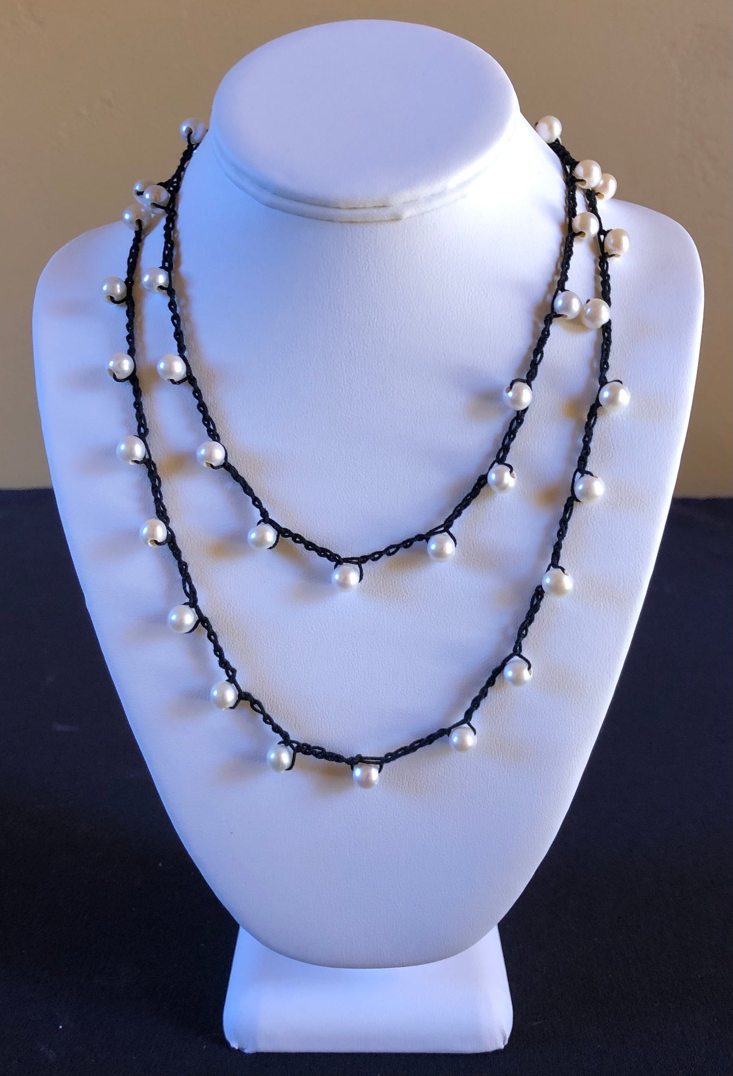 Necklace - Black Crocheted w/ Pearls