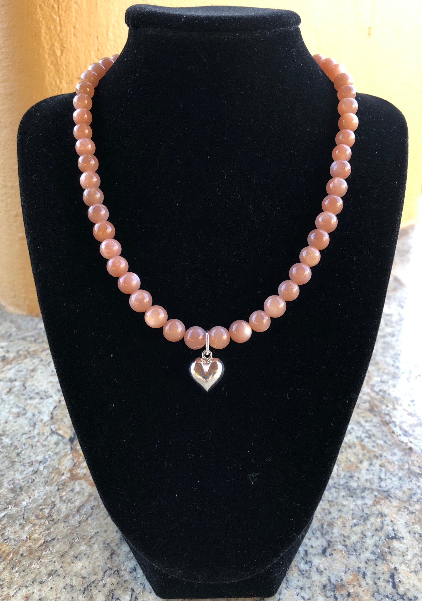 Necklace - Coral Moonstone, Sterling Silver Puff Heart