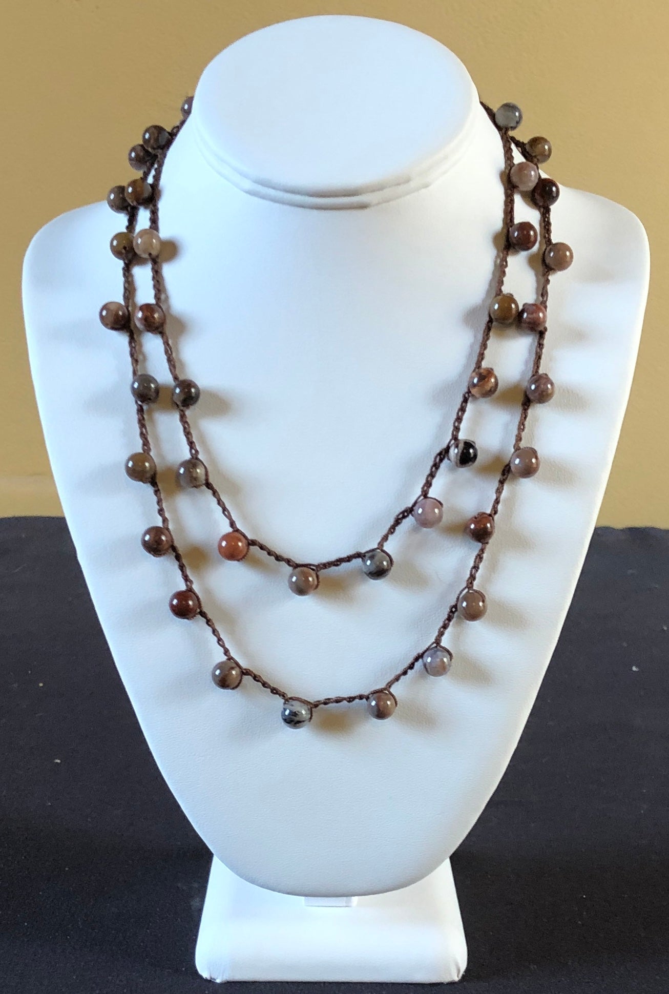 Necklace - Brown crocheted with petrified wood bead