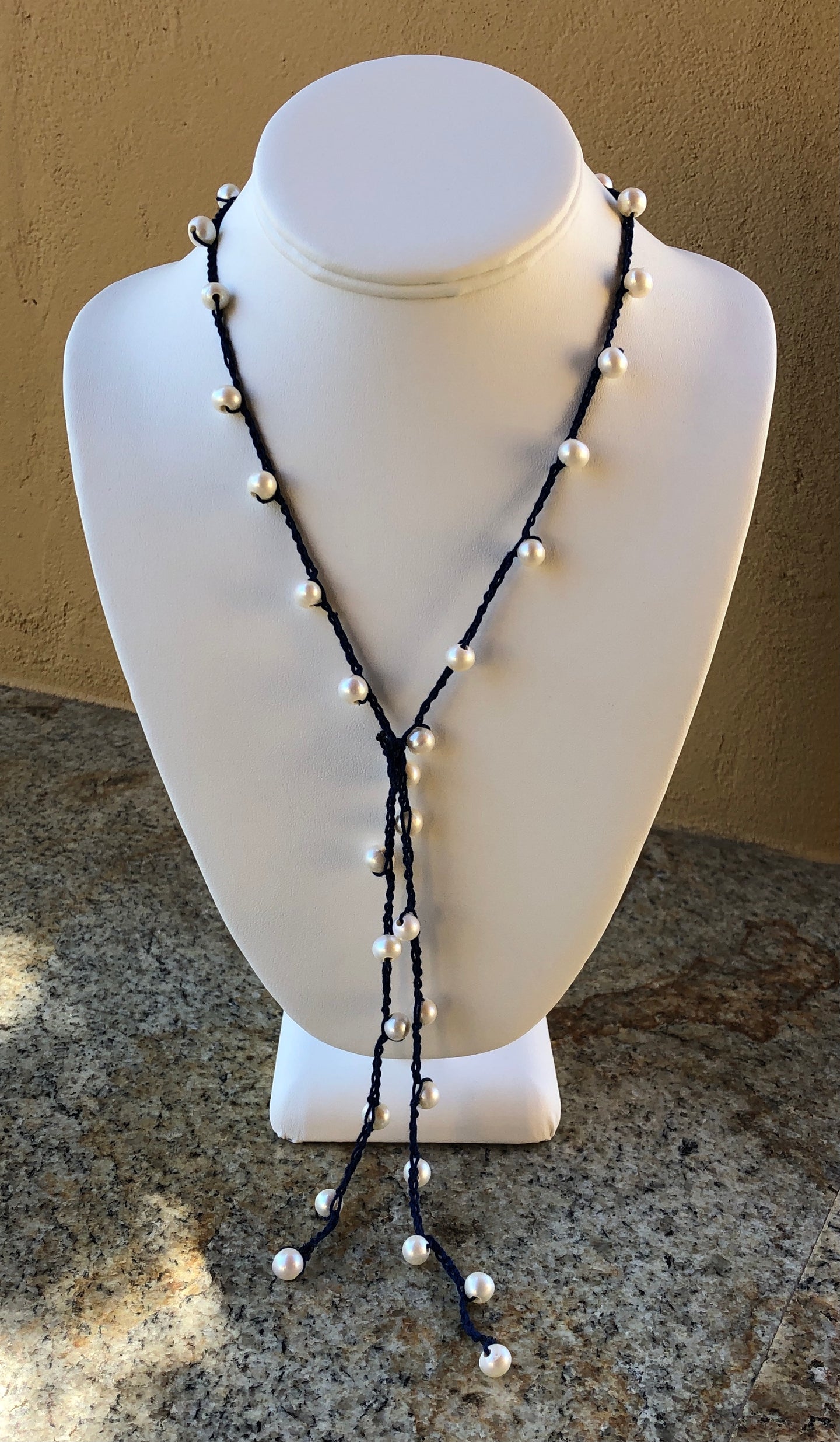 Necklace - Navy crocheted tassel necklace with white pearls
