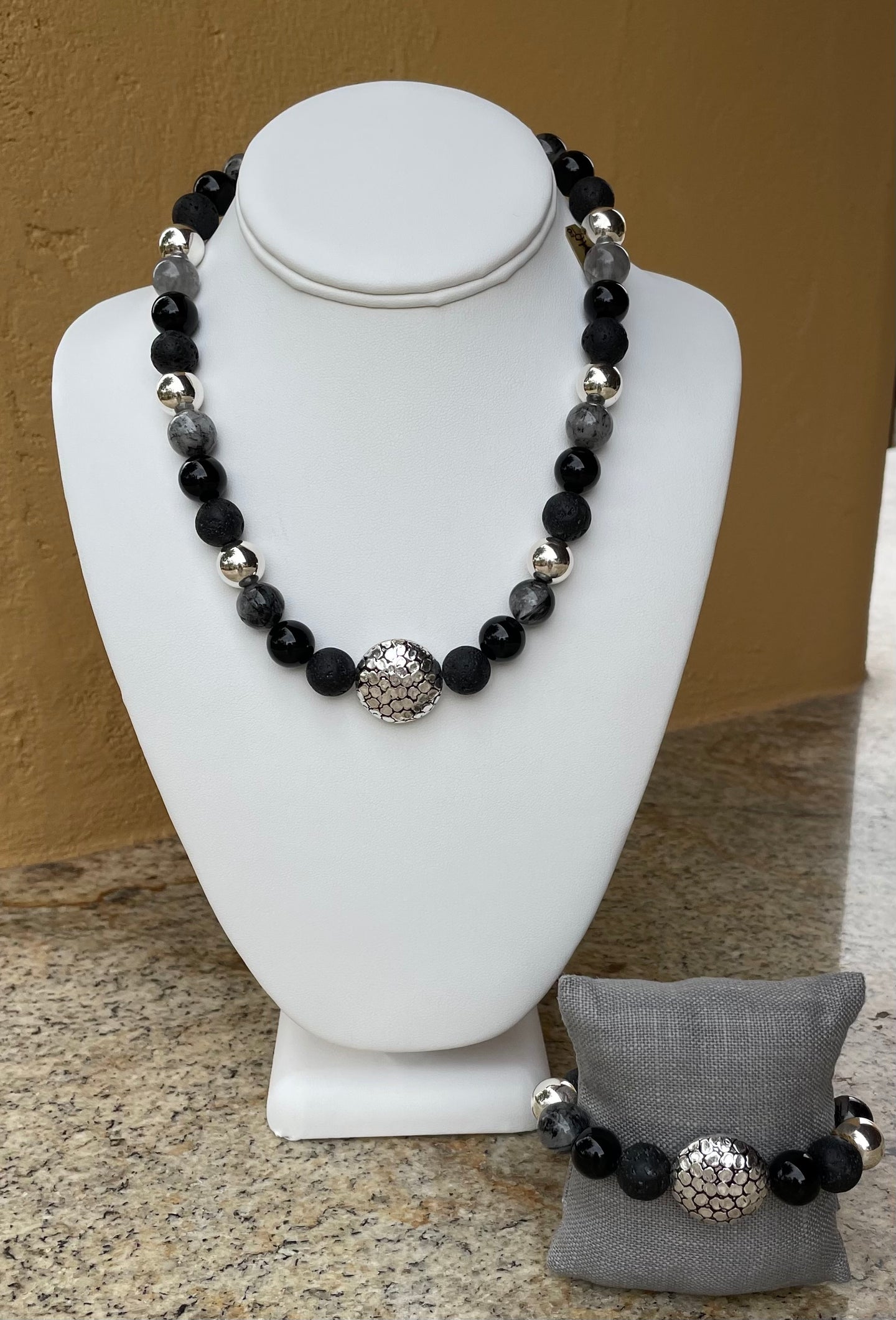 Set = Necklace and Bracelet set - Black and Sterling Silver