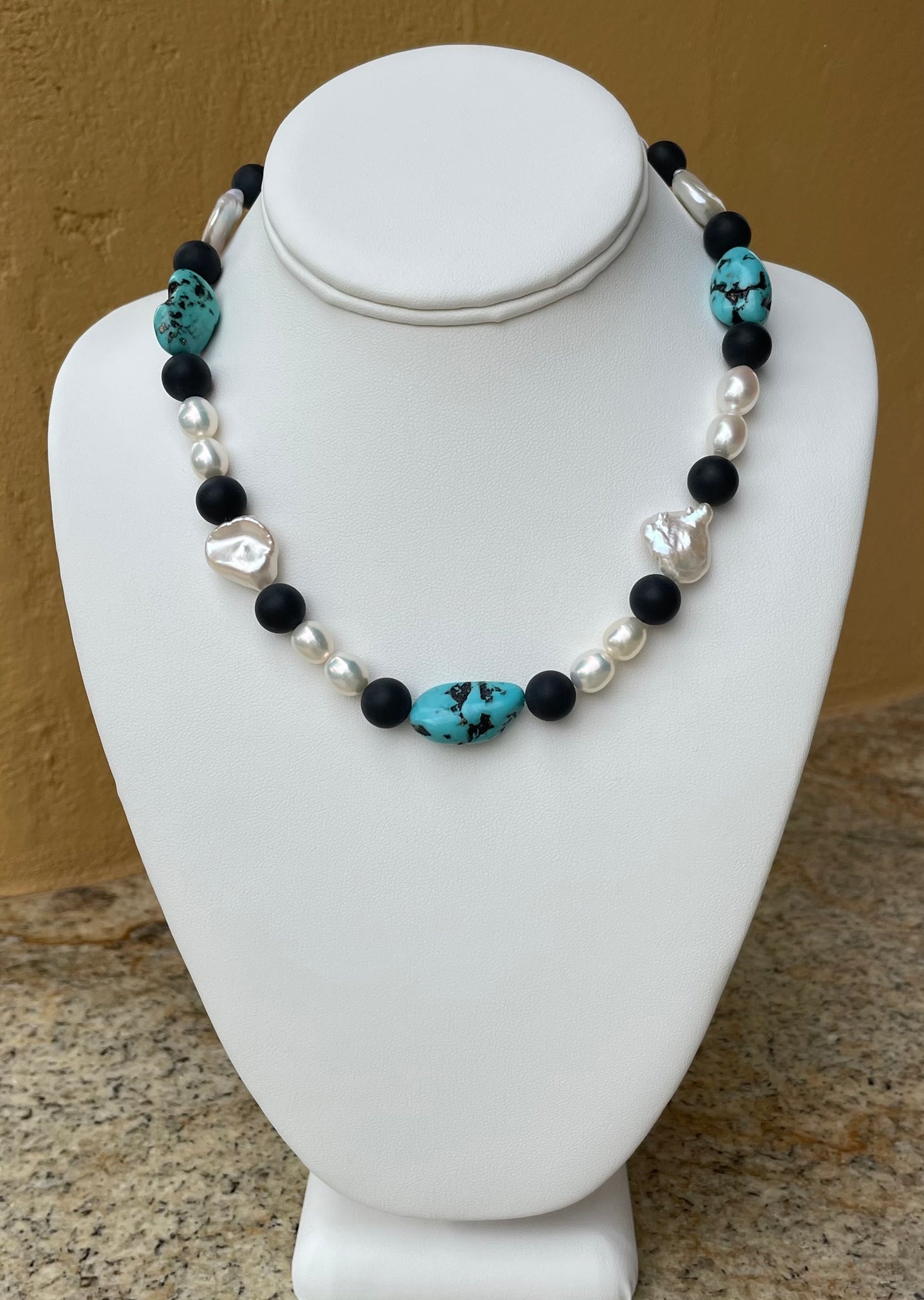 Necklace - Black, white pearls and turquoise
