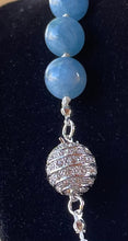 Load image into Gallery viewer, Necklace - 18&quot; - Knotted 12mm round aquamarine beads with Swarovski crystal clasp
