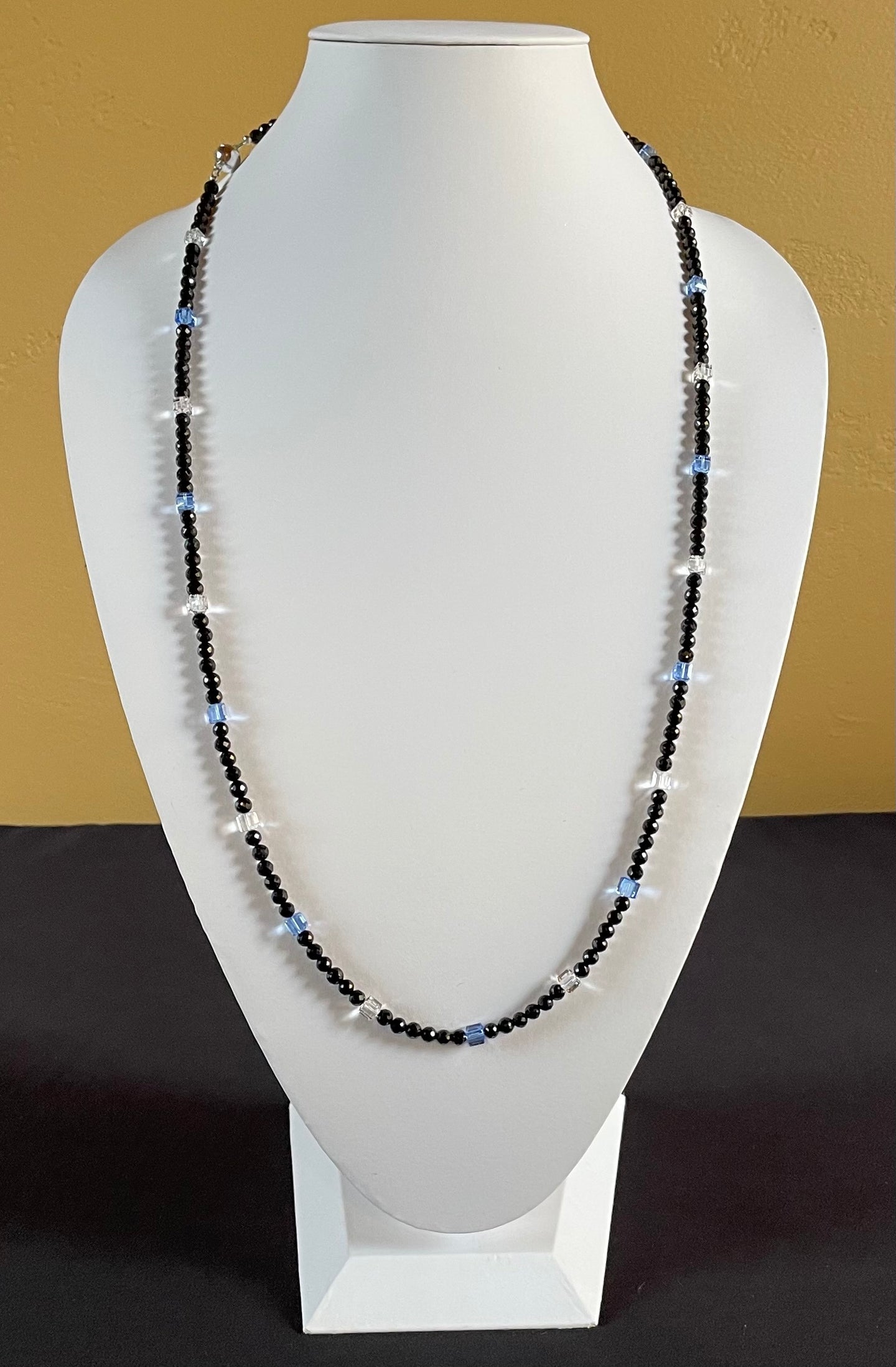 Necklace - Long faceted black spinel and Swarovski crystals