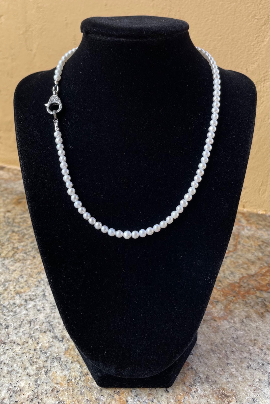 Necklace - 3mm white pearls with anoxidized pave diamond clasp