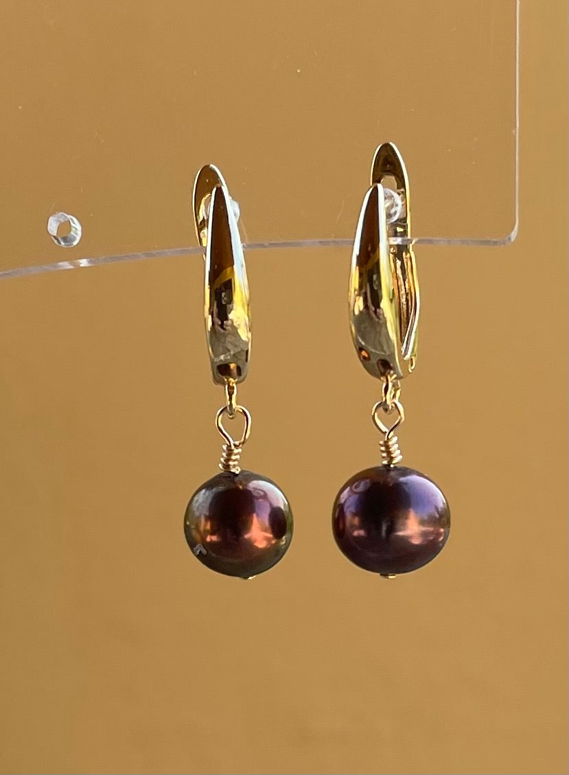 Earrings - hanging purple midnight pearl earrings on 14K gold filled latch backs