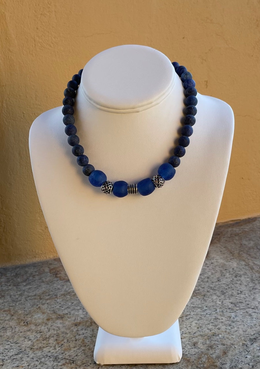 Necklace - Navy blue Lapis and recycled beads with sterling silver
