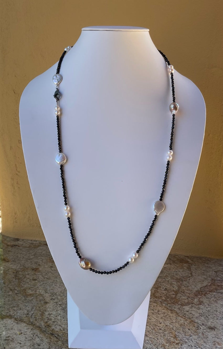 Necklace - Faceted black spinel with multiple shape pearls and a diamond clasp