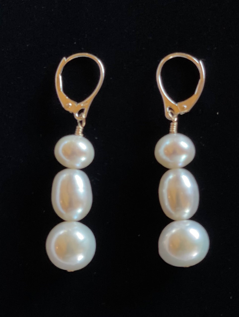 Earrings - Hanging earrings with 3 different shaped white pearls on sterling silver