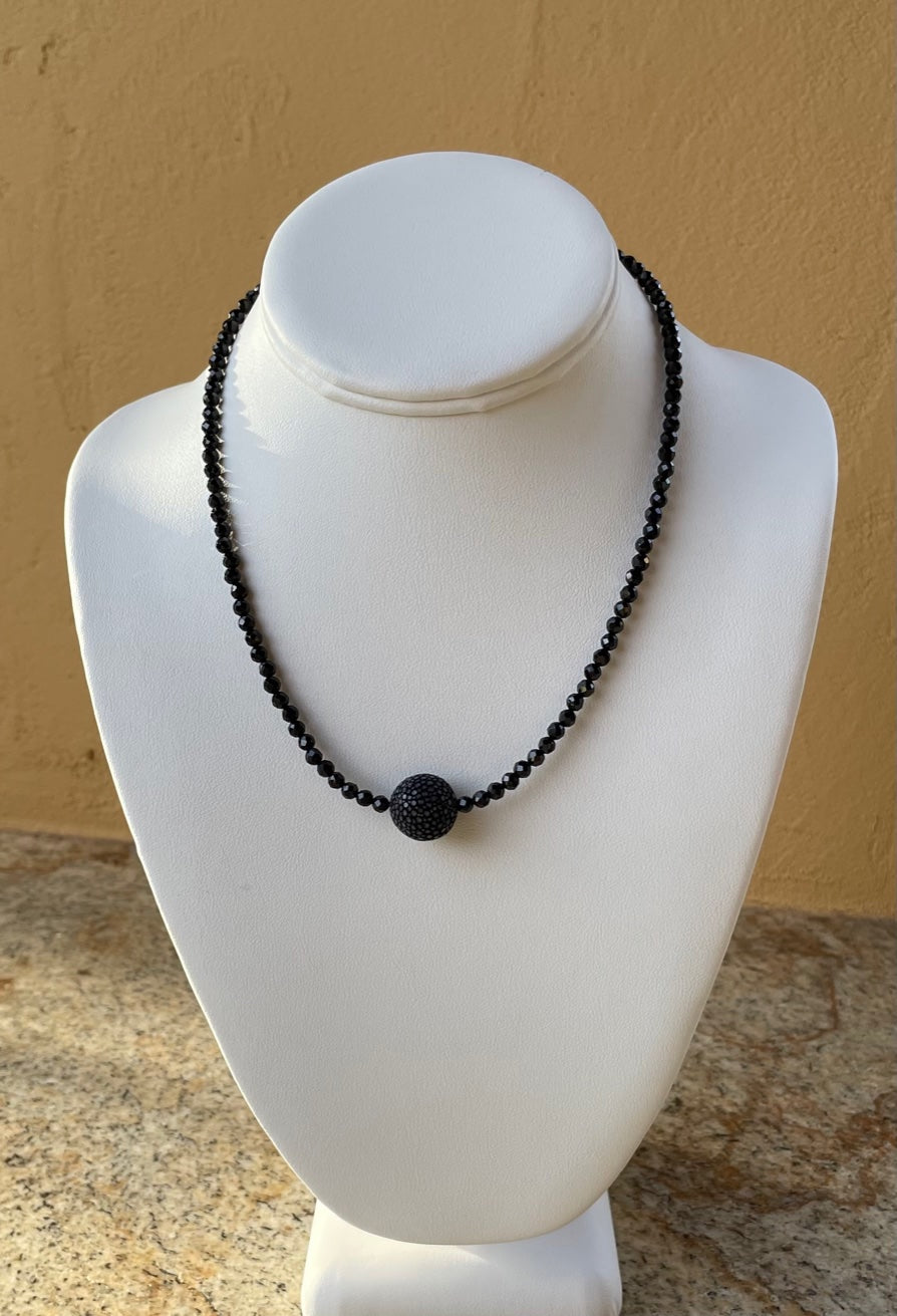 Necklace - Faceted black spinel  with a large black stingray bead as a focal point