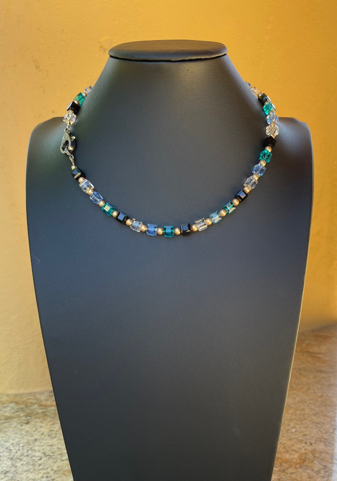 Necklace - Swarovski crystal necklace with an oxidized pave diamond clasp
